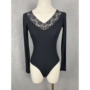 Selfie Juniors' Black Long Sleeve Lace V-Neck Ribbed Bodysuit Size XS NWT's